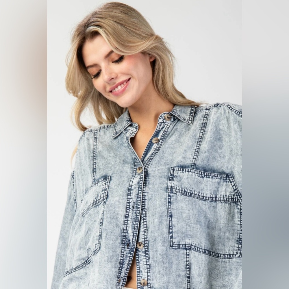We The Free by Free People | Oversized Acid Wash Denim Button Up Top | Sz Large - Picture 2 of 10